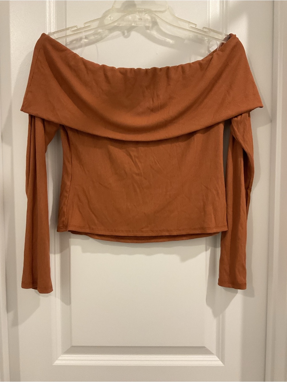 See You Monday Burnt Orange Off-Shoulder Crop Top